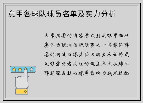 意甲各球队球员名单及实力分析